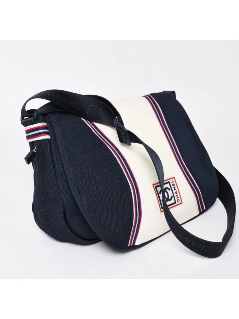 Chanel Sports Line Shoulder Bag CC Logo Navy Ivory Silver